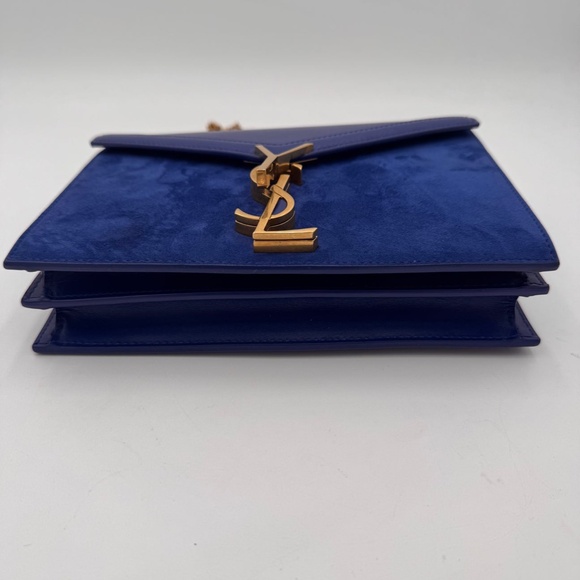 SAINT LAURENT Snooth Calfskin Suede Monogram Cassandra Clasp Bag Bleu Saphr - Picture 8 of 13